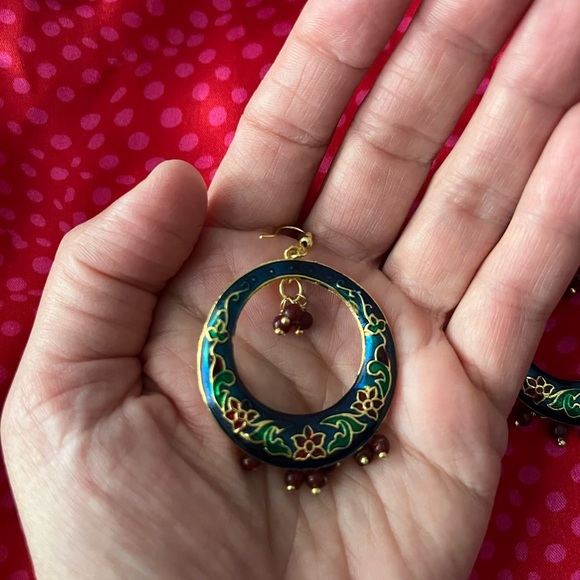 Elegant Blue and Gold Handpainted Floral Earrings - Picture 3 of 4